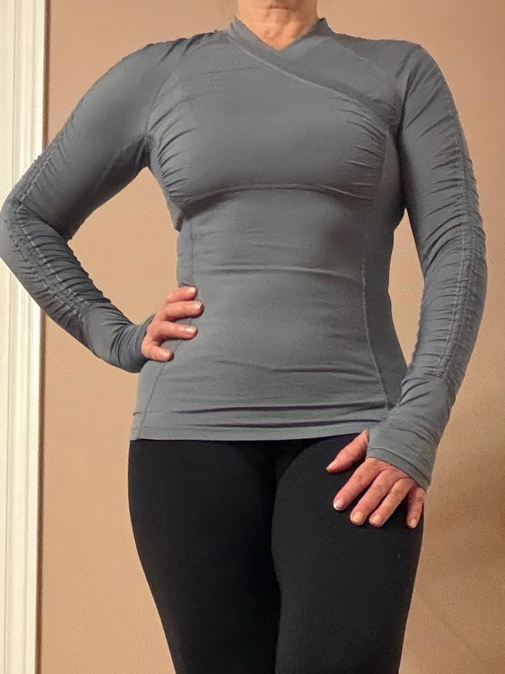 Lululemon Light Gray Long Sleeve Ruched Shoulder Wrap Top